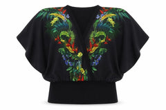 Oasis Women’s Black L Tropical Bird Floral Kimono Blouse Batwing V-Neck