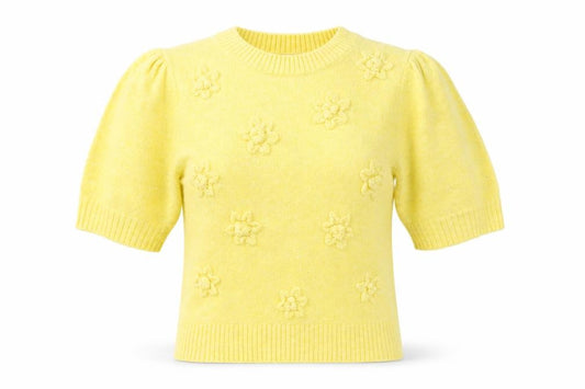 TU Women Yellow Size 12 Floral Knit Puff Sleeve Crew Neck Jumper