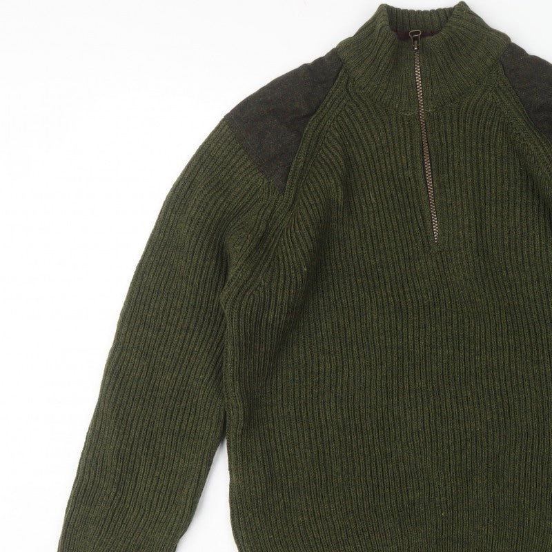 Celtic & Co. Men's Green L British Wool 1/4 Zip Rib Knit Jumper