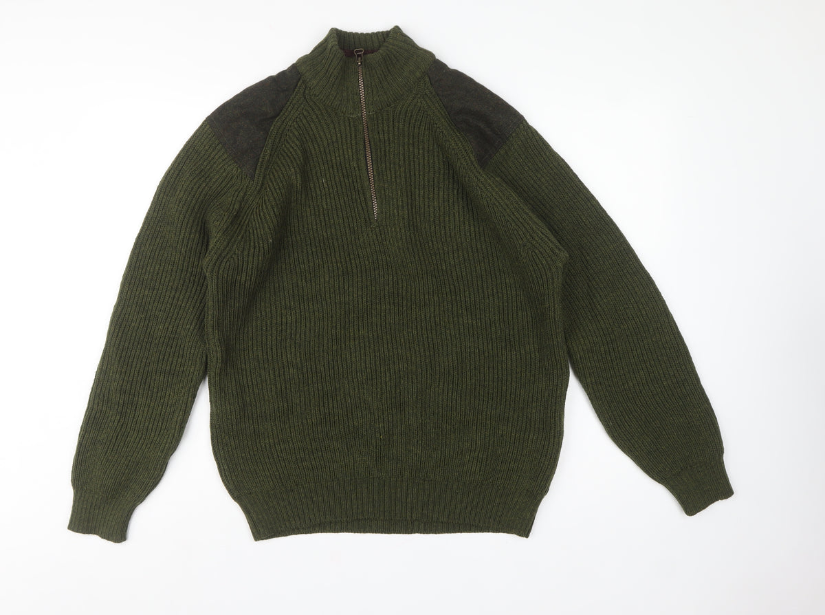 Celtic & Co. Men's Green L British Wool 1/4 Zip Rib Knit Jumper