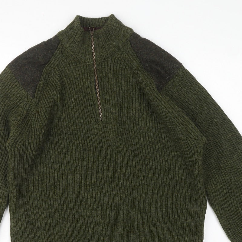 Celtic & Co. Men's Green L British Wool 1/4 Zip Rib Knit Jumper