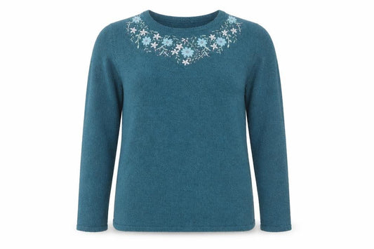 BM Collection Women’s Blue Floral Embroidered Knit Jumper Size M