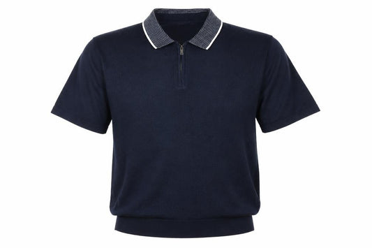 Marks and Spencer Men's Blue 2XL Cotton Rich 1/4 Zip Knit Polo