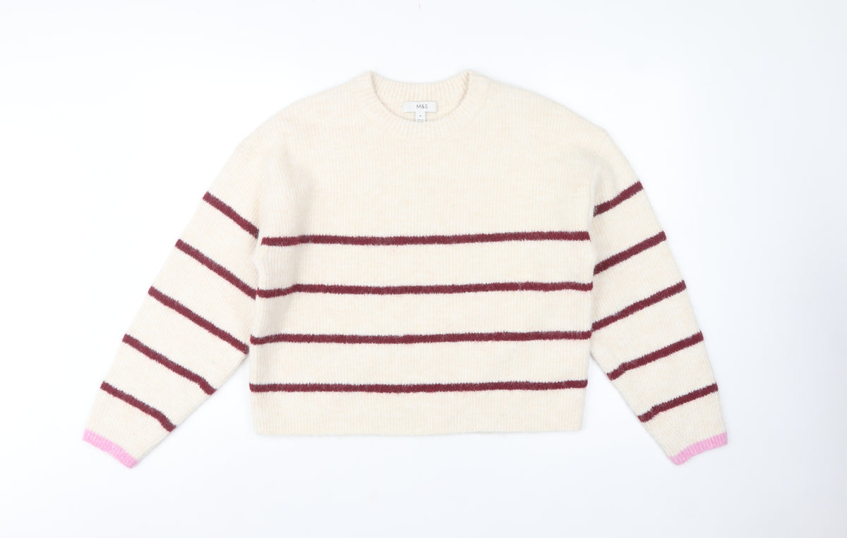 Marks & Spencer Women Ivory M Striped Crew Neck Knit Jumper