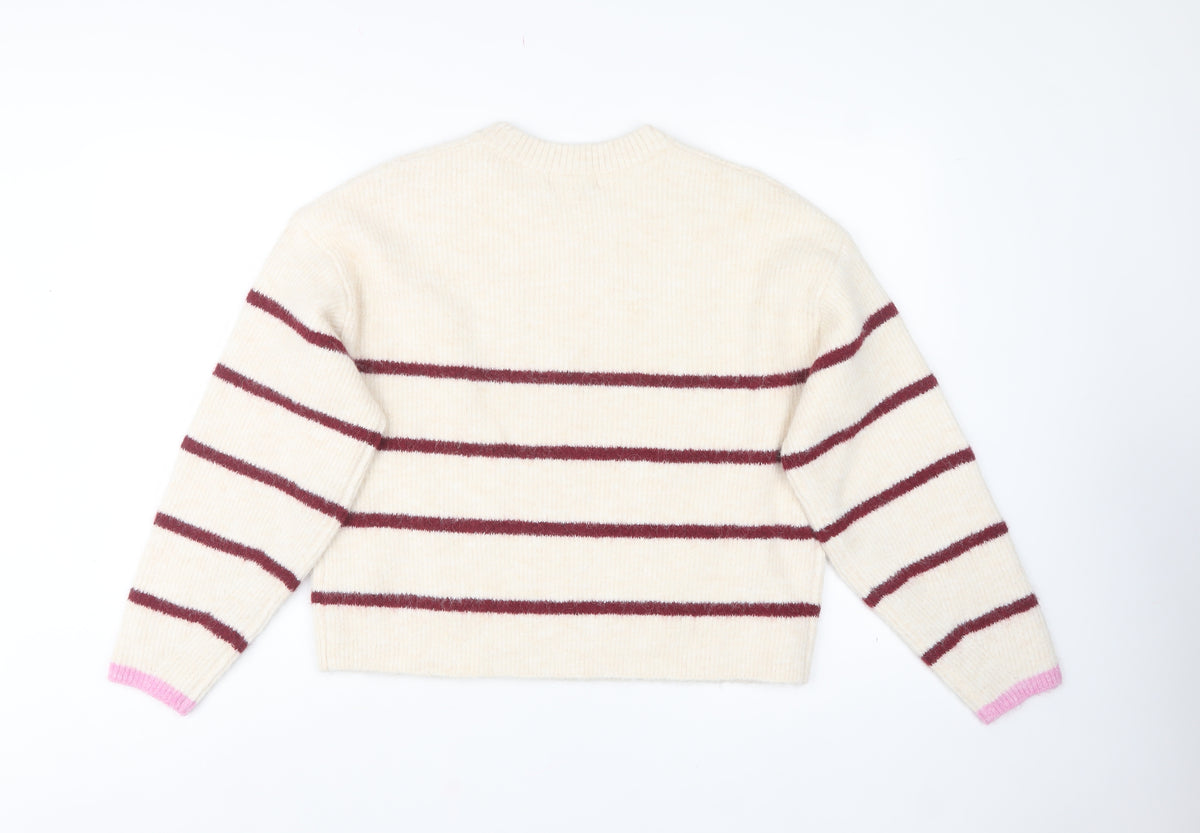 Marks & Spencer Women Ivory M Striped Crew Neck Knit Jumper