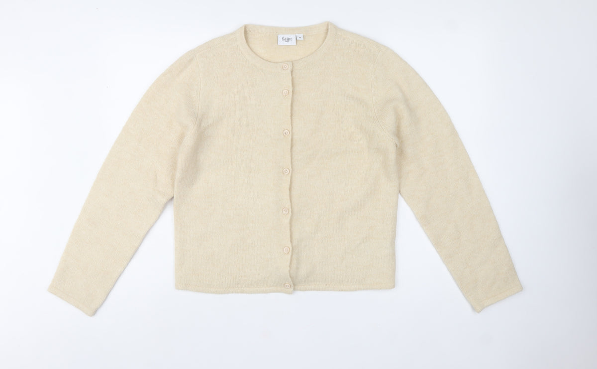 Saint Tropez Women Ivory M Fine Knit Wool Blend Cardigan