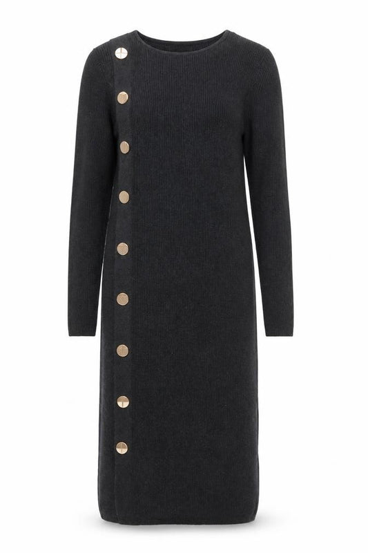 Primark Women Grey S Long Rib Knit Jumper Dress Gold Button Asymmetric