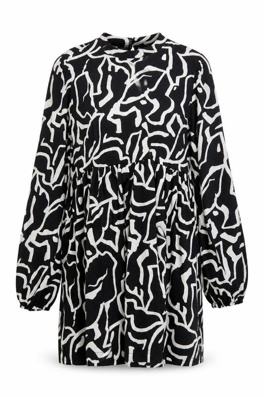 New Look Women Black Ivory UK 16 Geometric Knee Shift Dress Balloon Sleeve