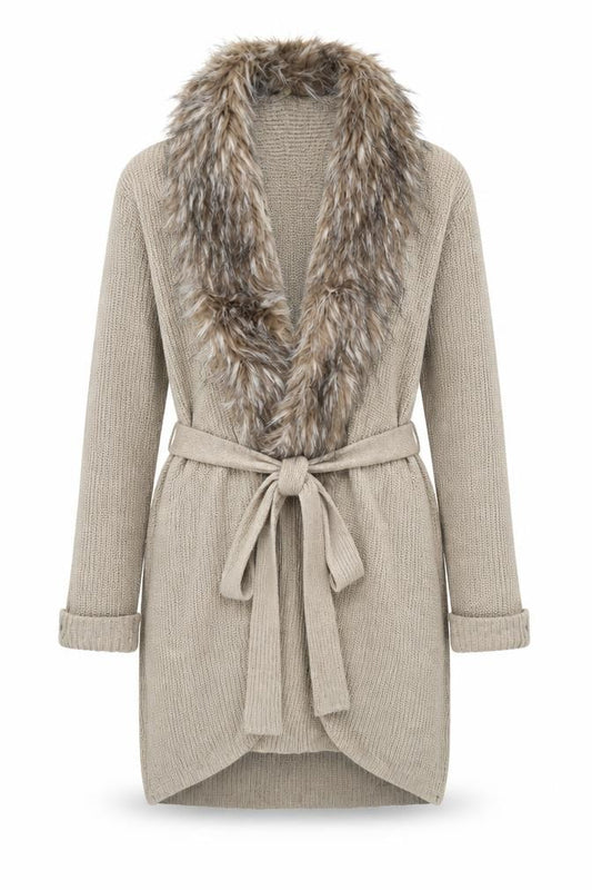 Peacocks Women’s Beige S Belted Faux Fur Trim Knit Cardigan