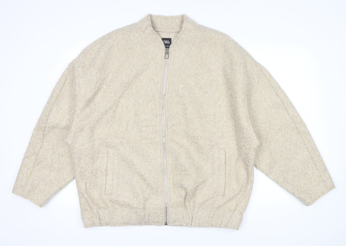 Zara Men Beige M Teddy Fleece Full Zip Stand Collar Jacket