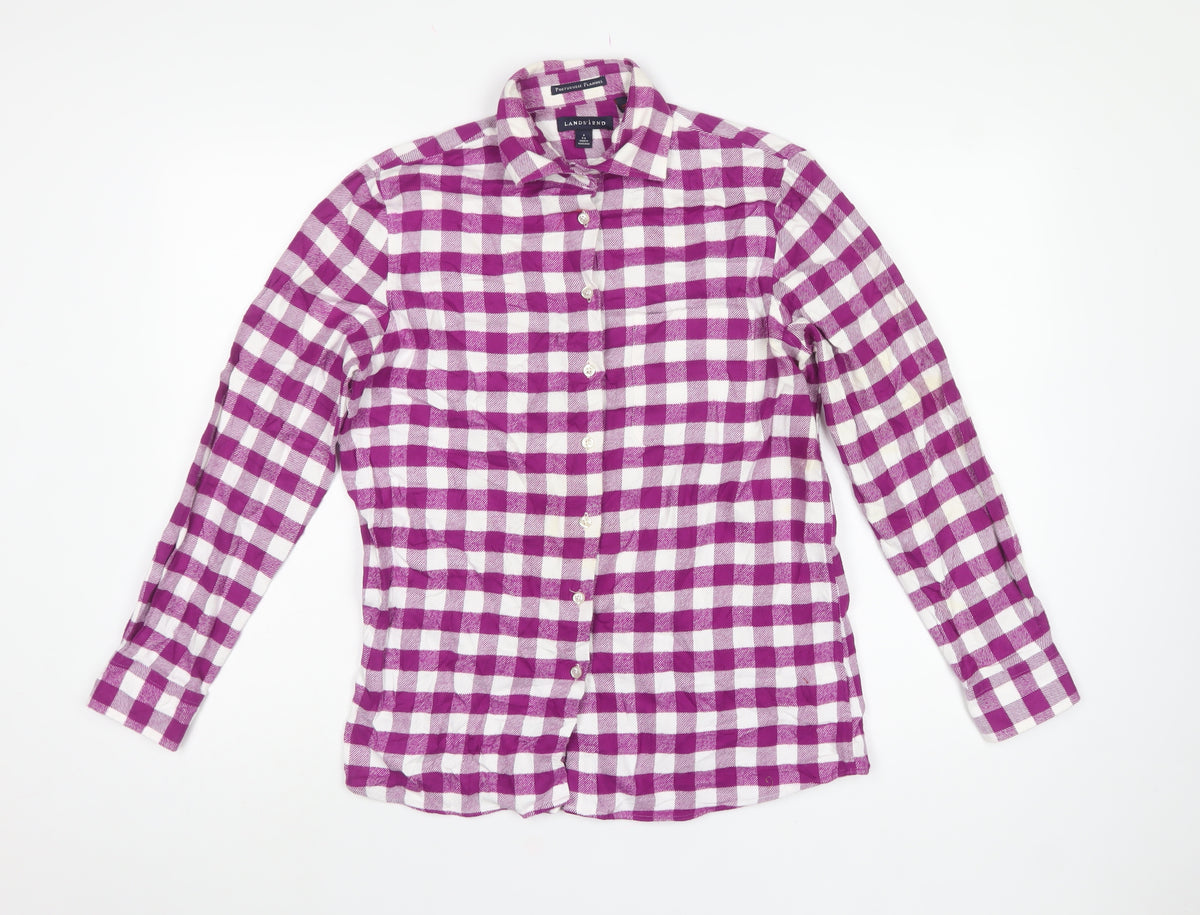 Lands' End Women Purple Check Cotton Flannel Button-Up Shirt S