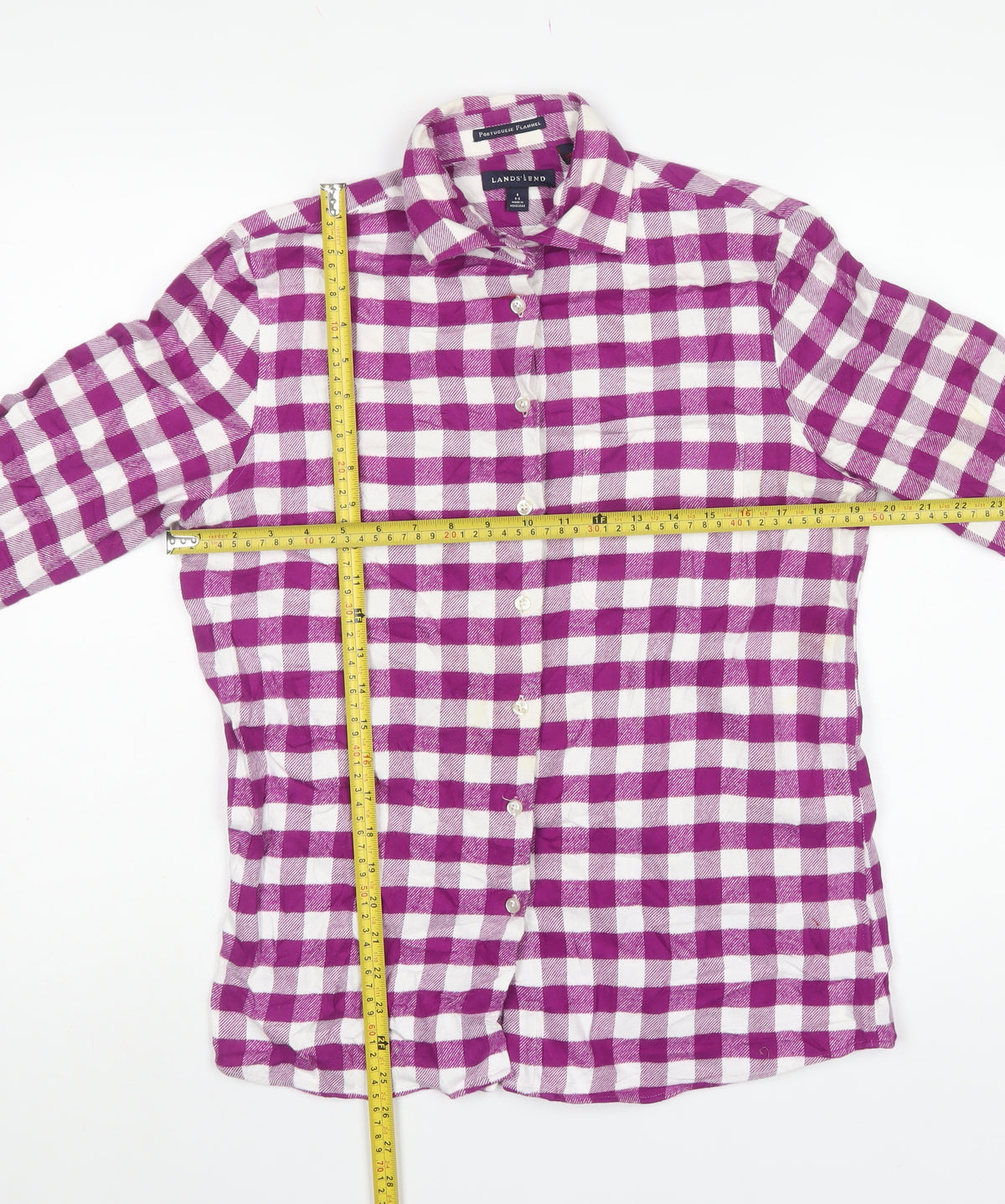 Lands' End Women Purple Check Cotton Flannel Button-Up Shirt S