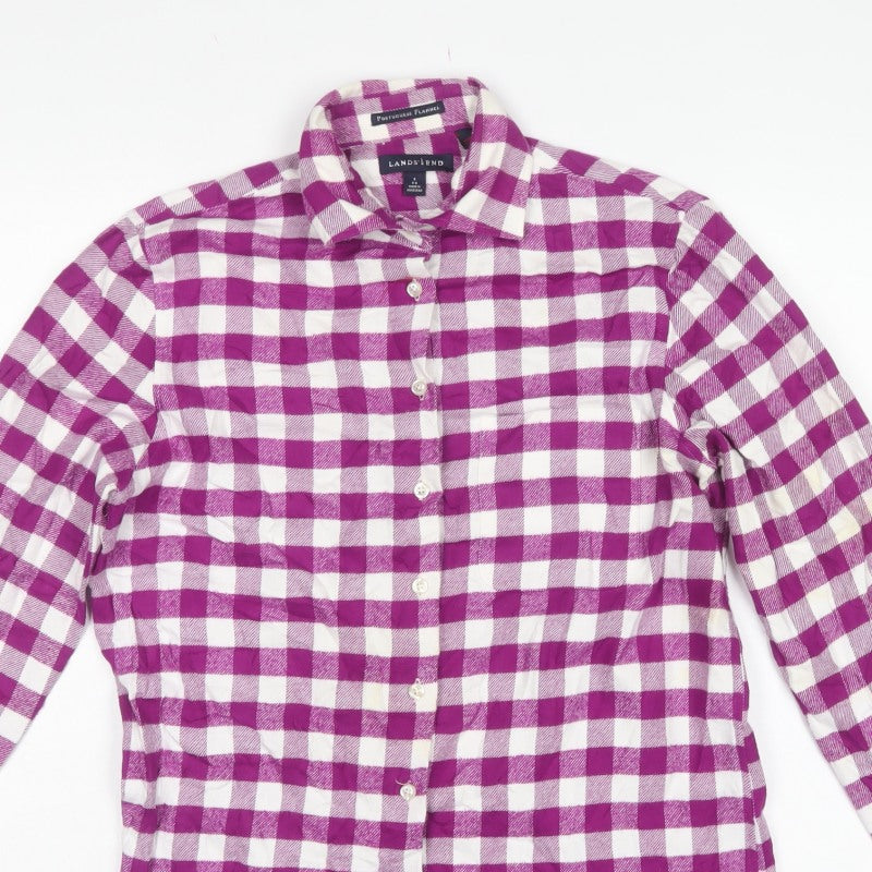Lands' End Women Purple Check Cotton Flannel Button-Up Shirt S