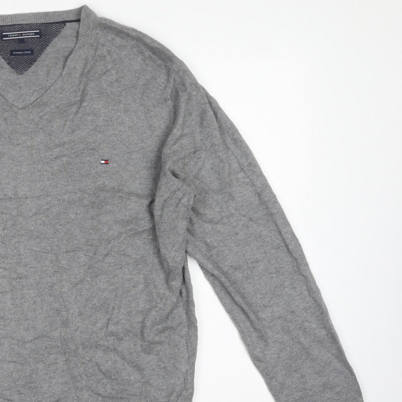 Tommy Hilfiger Men’s Grey 2XL V-Neck Cotton Logo Pullover Jumper