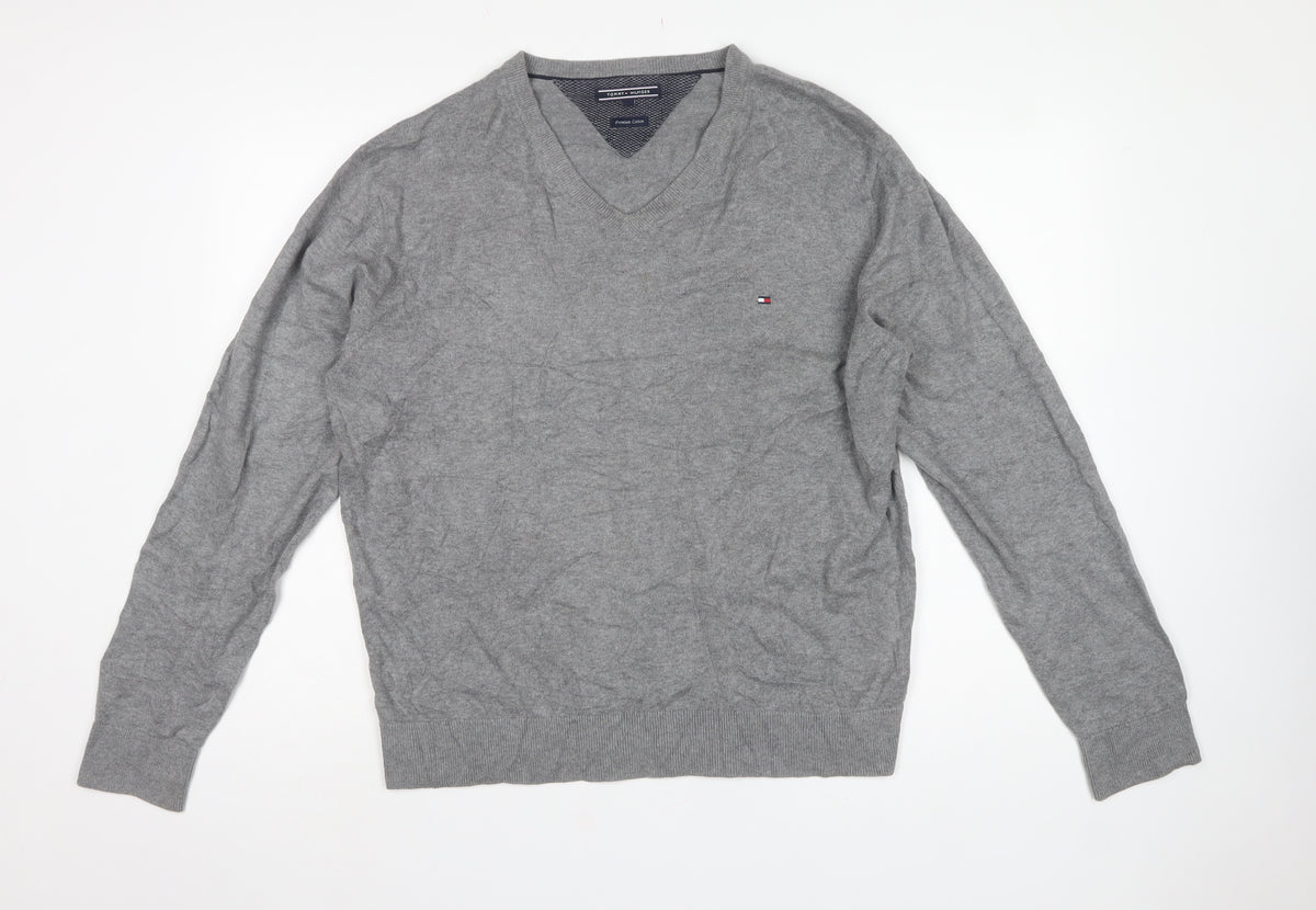 Tommy Hilfiger Men’s Grey 2XL V-Neck Cotton Logo Pullover Jumper