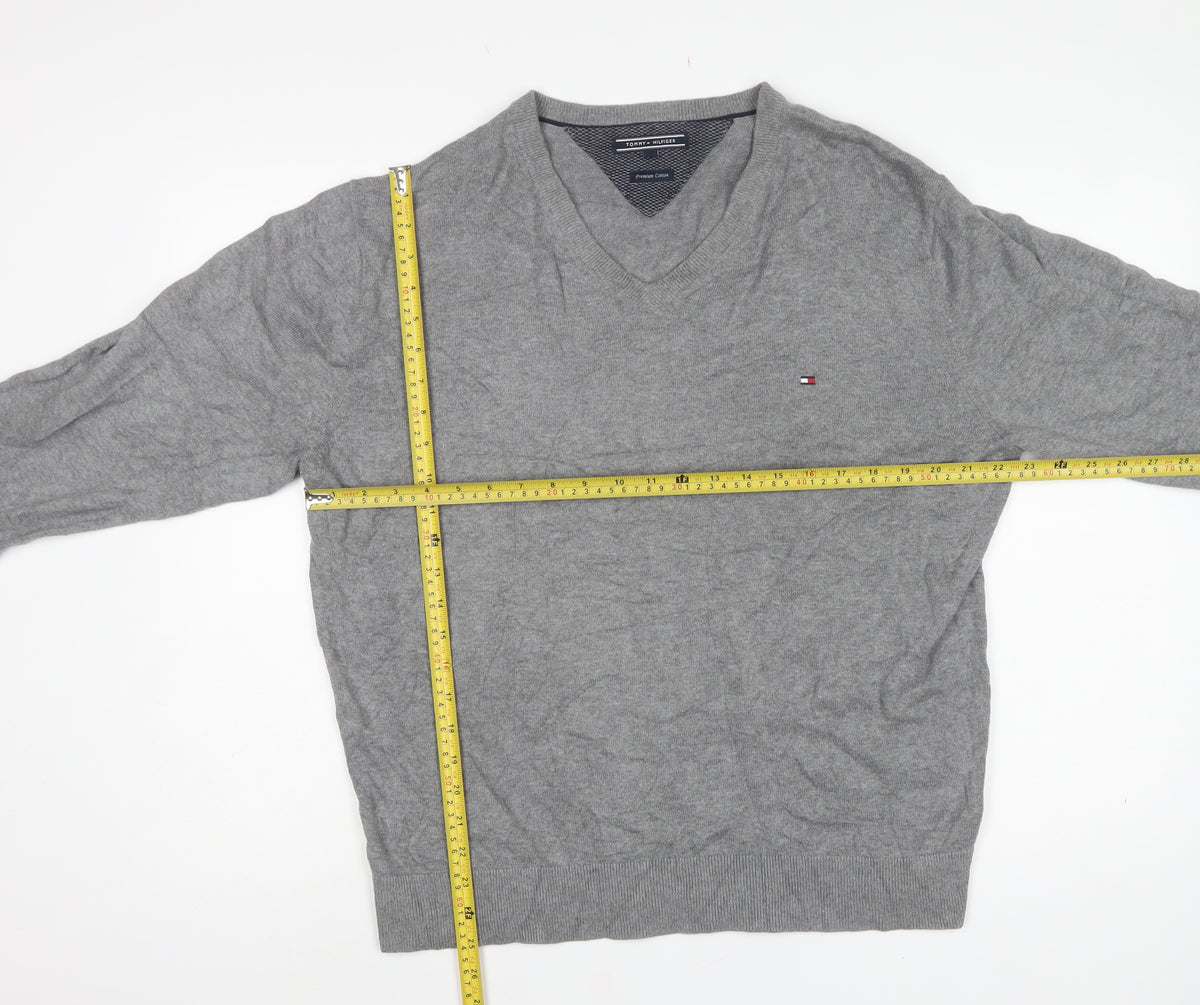 Tommy Hilfiger Men’s Grey 2XL V-Neck Cotton Logo Pullover Jumper