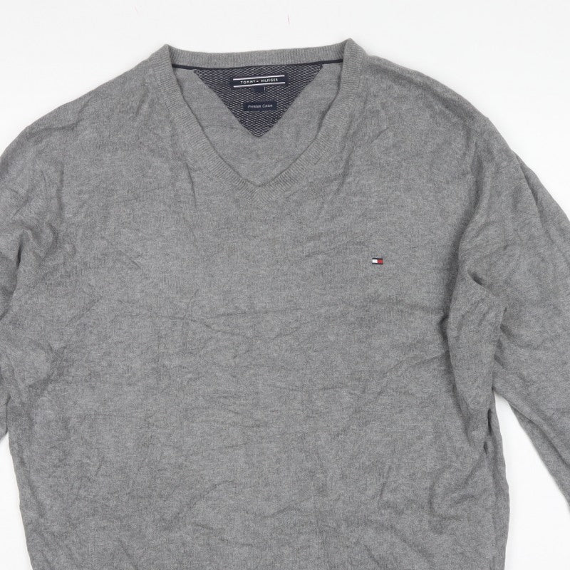 Tommy Hilfiger Men’s Grey 2XL V-Neck Cotton Logo Pullover Jumper