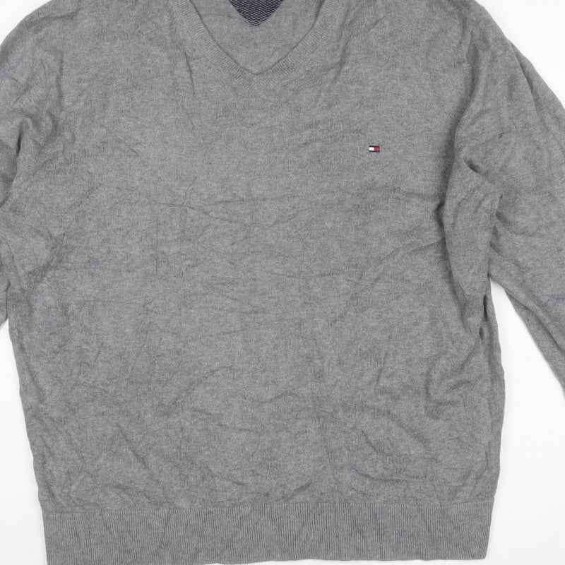 Tommy Hilfiger Men’s Grey 2XL V-Neck Cotton Logo Pullover Jumper