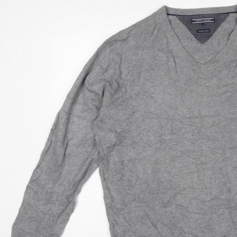 Tommy Hilfiger Men’s Grey 2XL V-Neck Cotton Logo Pullover Jumper