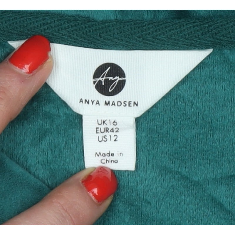 Anya Madsen Women’s Green Velour Pullover Hoodie UK 16 Drawstring