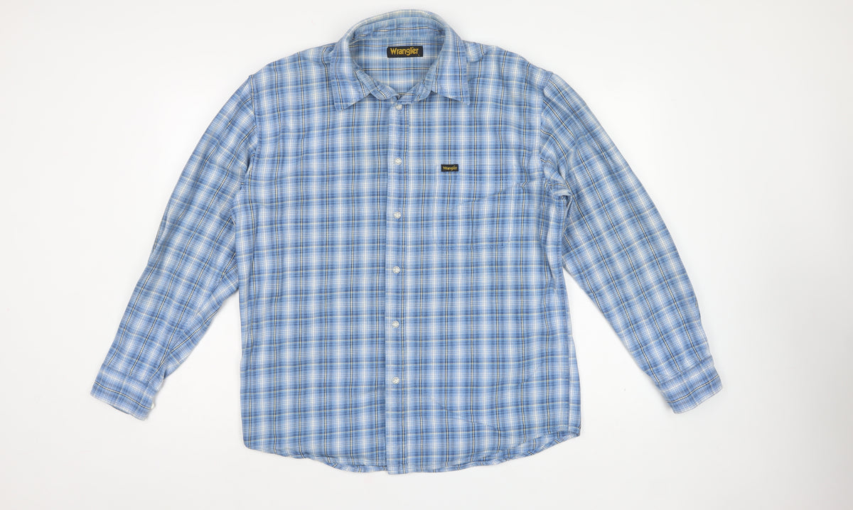 Wrangler Men’s Blue Check Cotton Long Sleeve Button-Up Shirt L