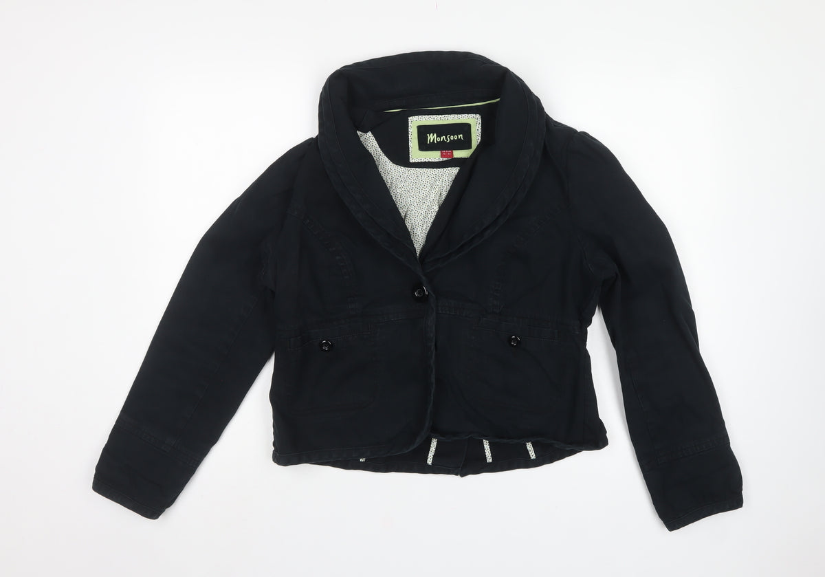 Monsoon Women’s Black Cotton Blend Short Button Jacket UK 16