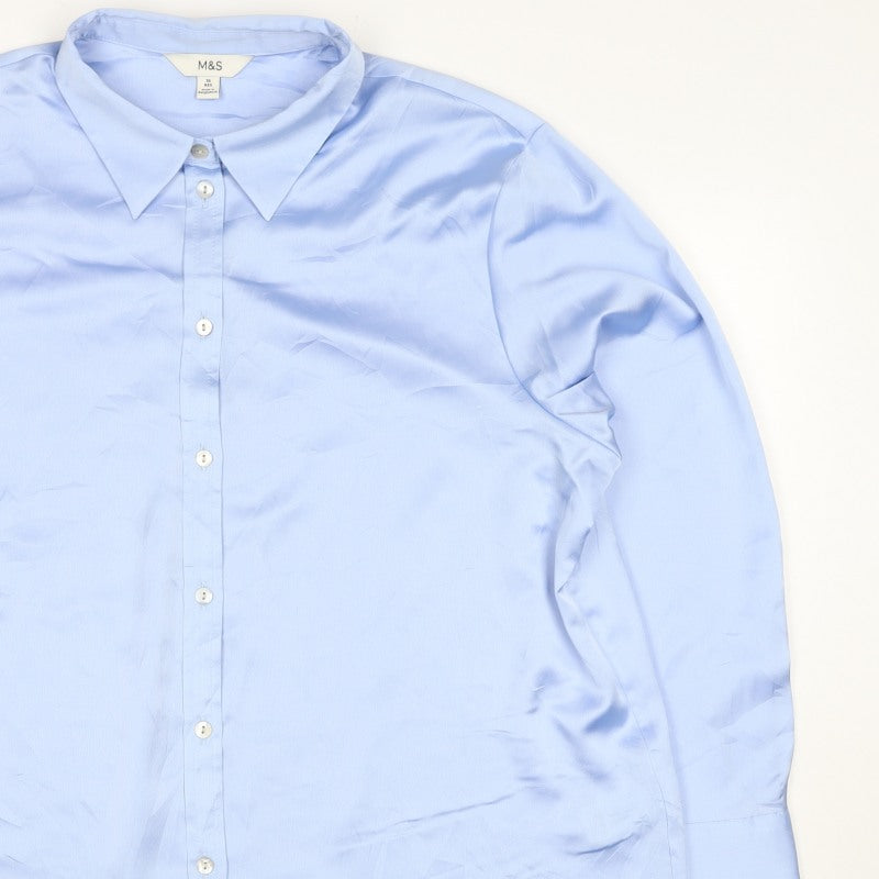Marks and Spencer Women Blue UK 16 Satin Button-Up Collared Shirt