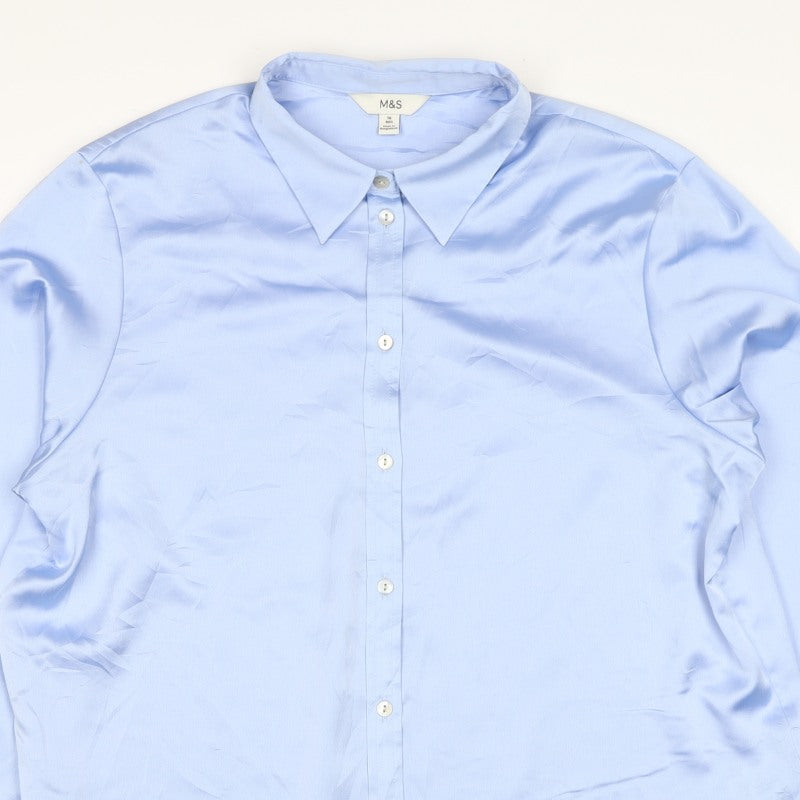Marks and Spencer Women Blue UK 16 Satin Button-Up Collared Shirt