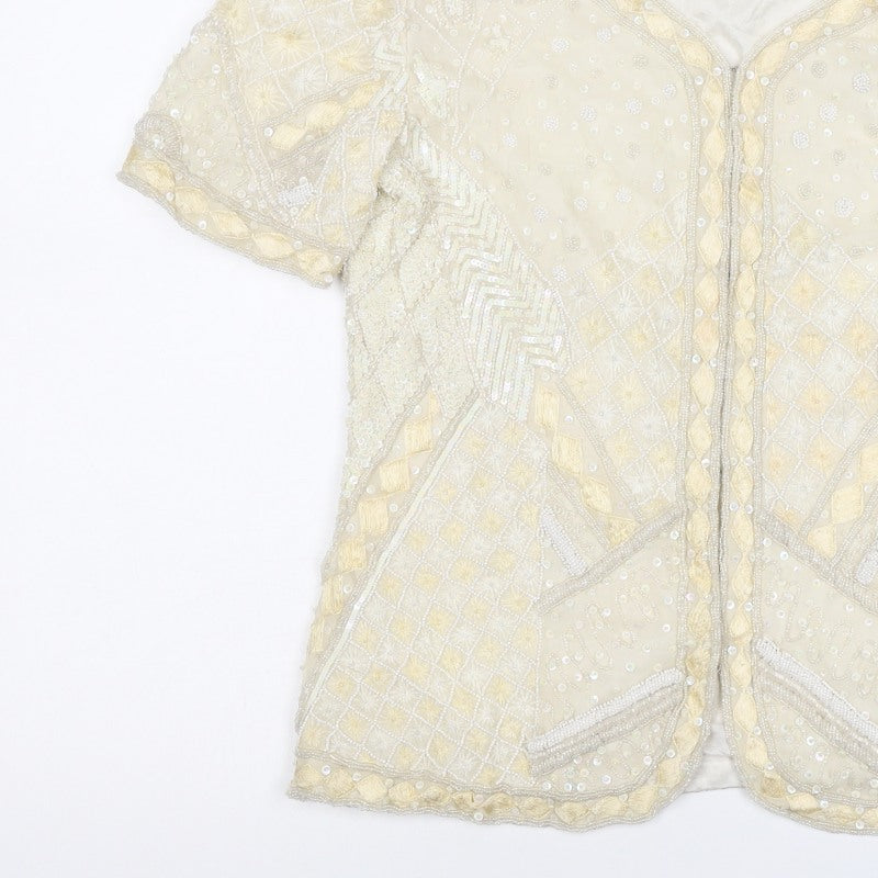 Niteline Women Ivory M Silk Beaded Sequin Short Sleeve Suit Jacket