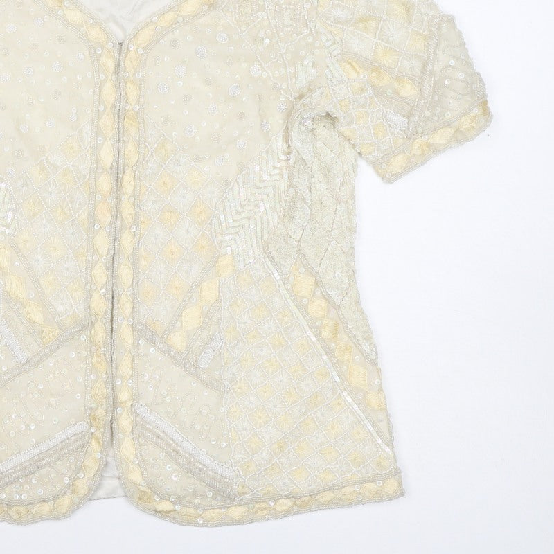 Niteline Women Ivory M Silk Beaded Sequin Short Sleeve Suit Jacket