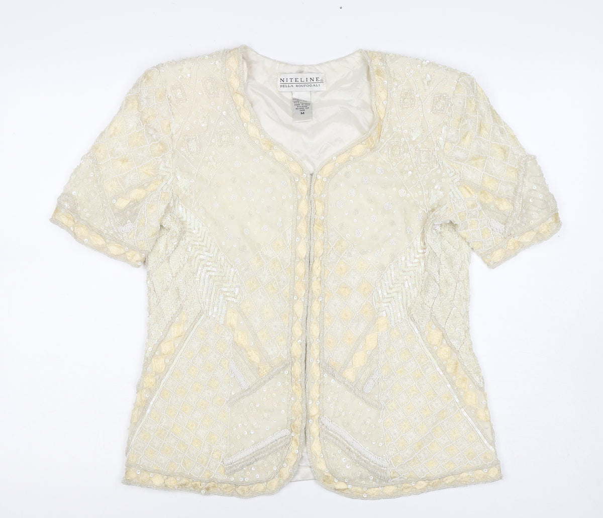 Niteline Women Ivory M Silk Beaded Sequin Short Sleeve Suit Jacket