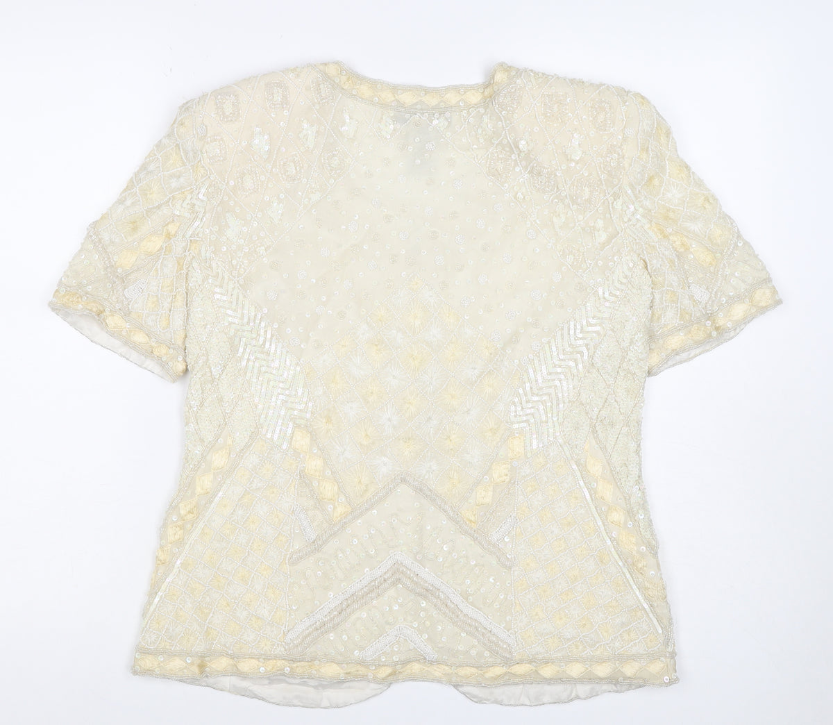 Niteline Women Ivory M Silk Beaded Sequin Short Sleeve Suit Jacket