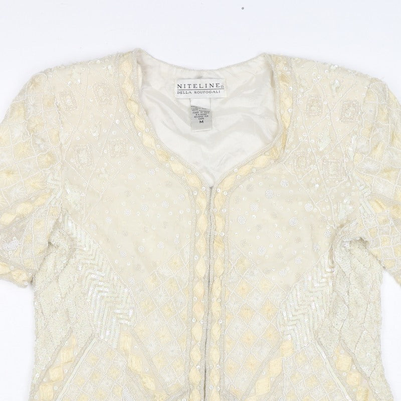 Niteline Women Ivory M Silk Beaded Sequin Short Sleeve Suit Jacket