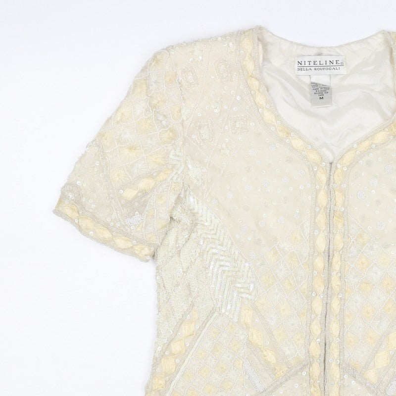 Niteline Women Ivory M Silk Beaded Sequin Short Sleeve Suit Jacket