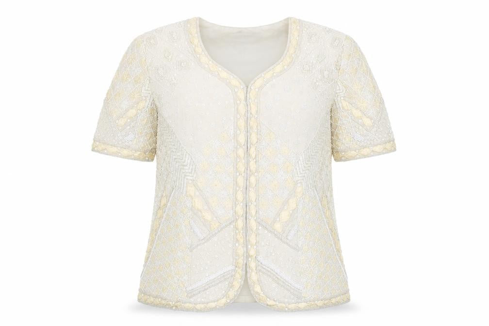 Niteline Women Ivory M Silk Beaded Sequin Short Sleeve Suit Jacket