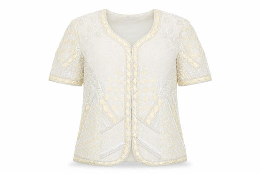 Niteline Women Ivory M Silk Beaded Sequin Short Sleeve Suit Jacket