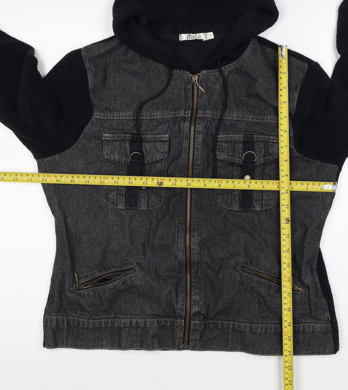 M&Co Women Grey Black L Hooded Denim Zip Jacket Cotton Blend