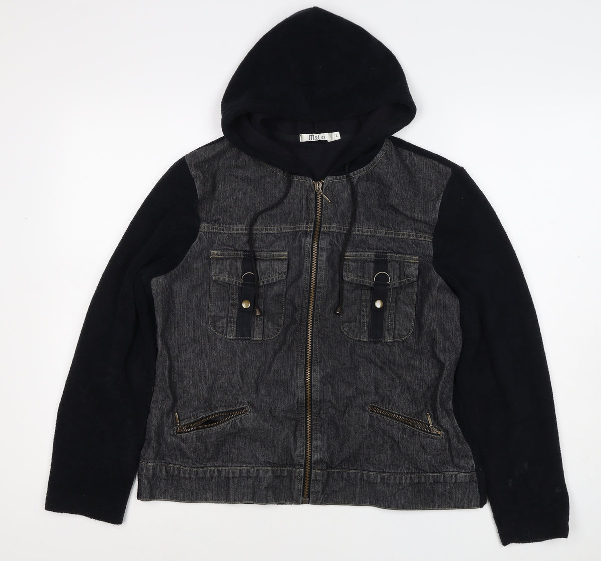 M&Co Women Grey Black L Hooded Denim Zip Jacket Cotton Blend