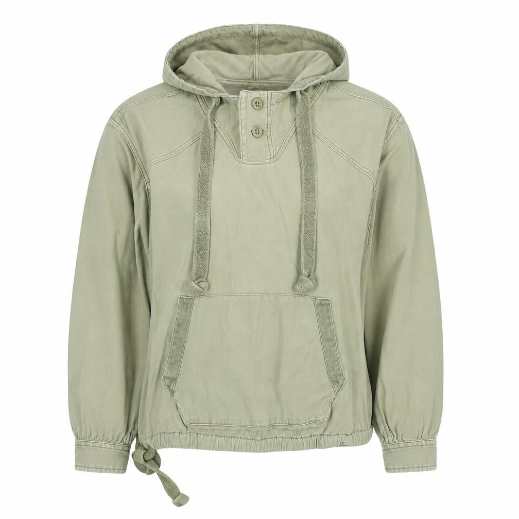 American Eagle Women Green M Hooded Henley Cotton Pullover Sweatshirt