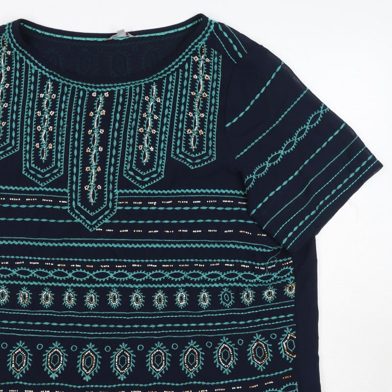 F&F Women’s Blue Size 12 Boho Aztec Beaded Embroidered Tunic Blouse