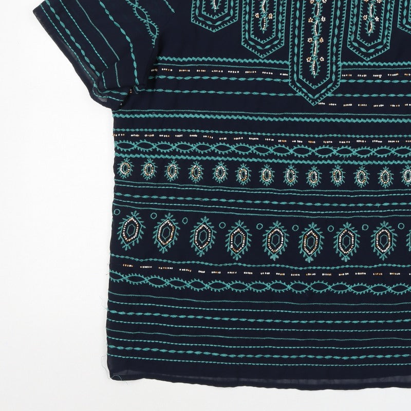 F&F Women’s Blue Size 12 Boho Aztec Beaded Embroidered Tunic Blouse
