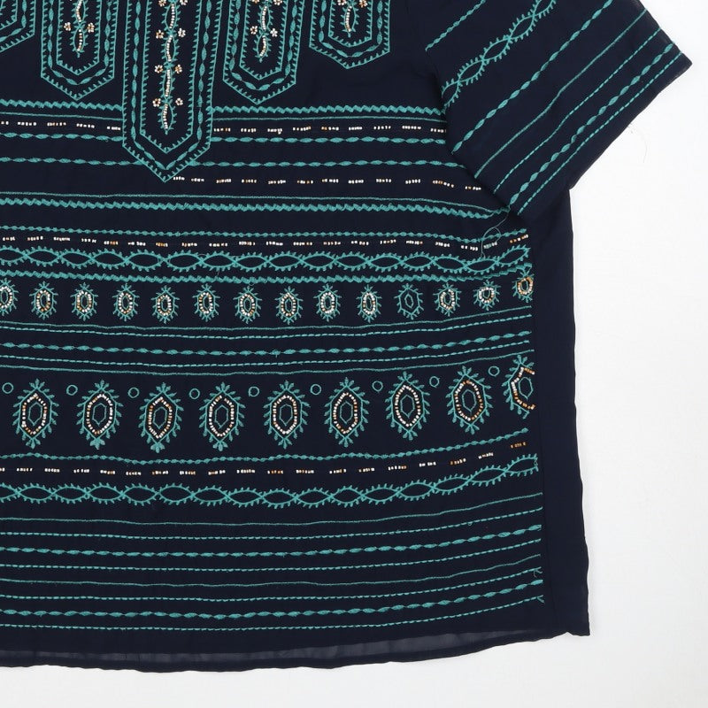 F&F Women’s Blue Size 12 Boho Aztec Beaded Embroidered Tunic Blouse