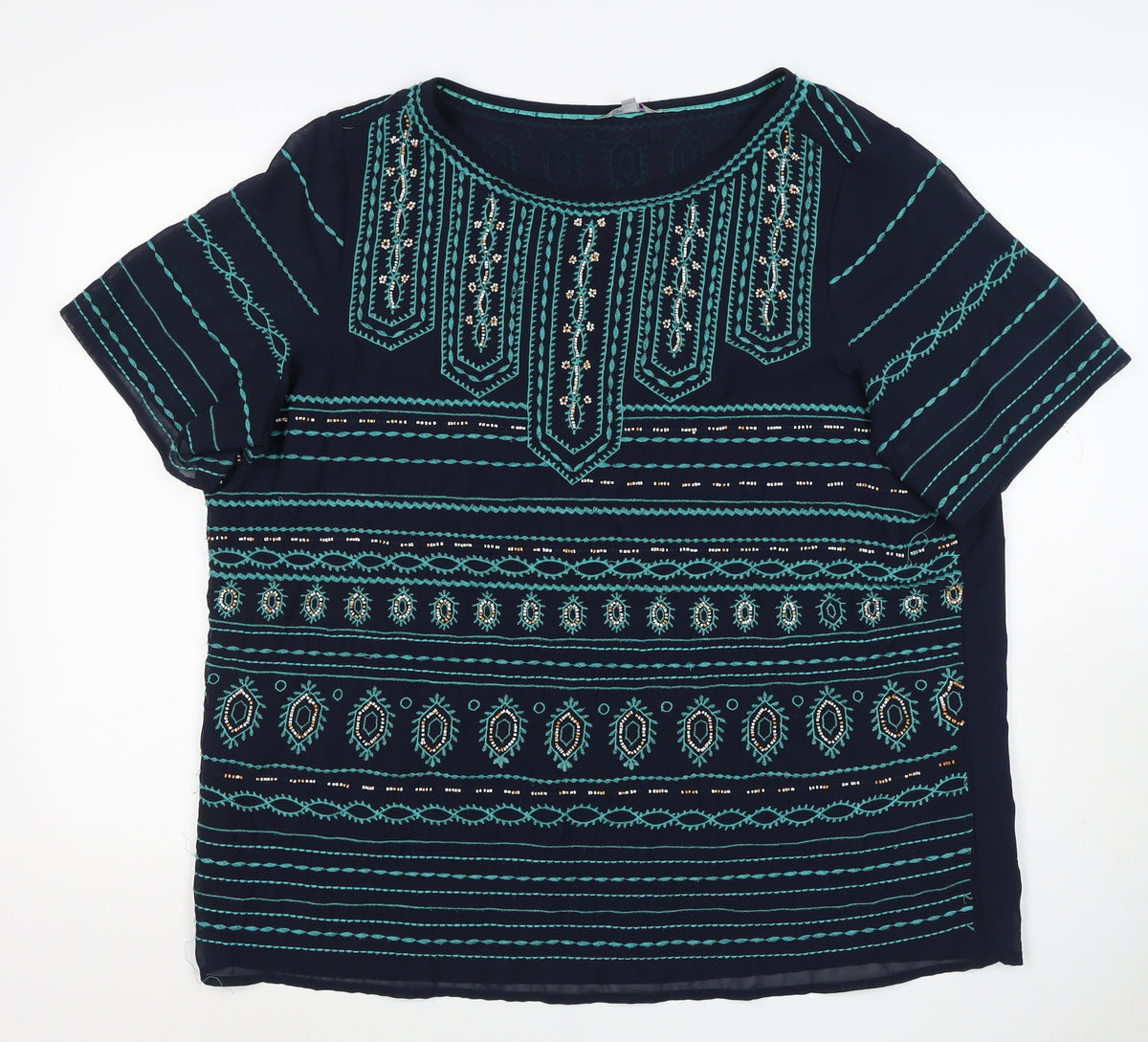 F&F Women’s Blue Size 12 Boho Aztec Beaded Embroidered Tunic Blouse