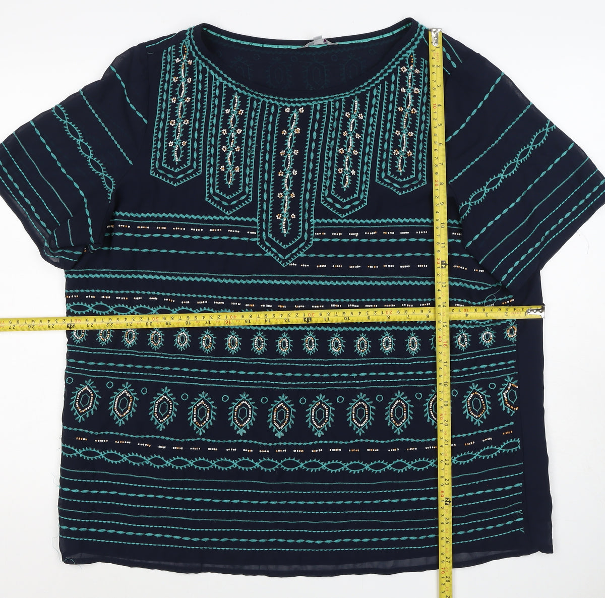 F&F Women’s Blue Size 12 Boho Aztec Beaded Embroidered Tunic Blouse