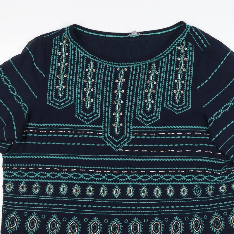 F&F Women’s Blue Size 12 Boho Aztec Beaded Embroidered Tunic Blouse