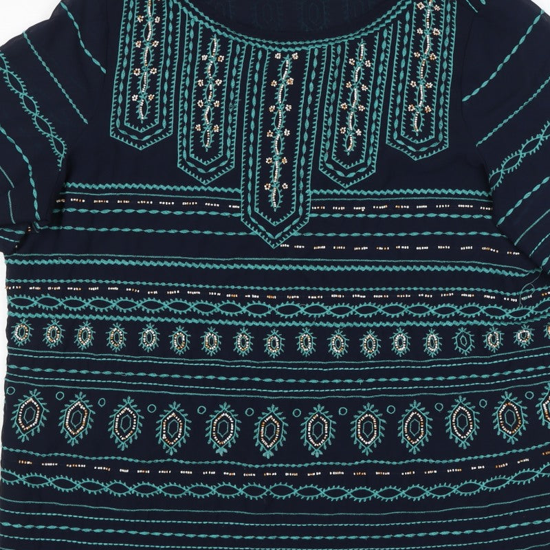 F&F Women’s Blue Size 12 Boho Aztec Beaded Embroidered Tunic Blouse