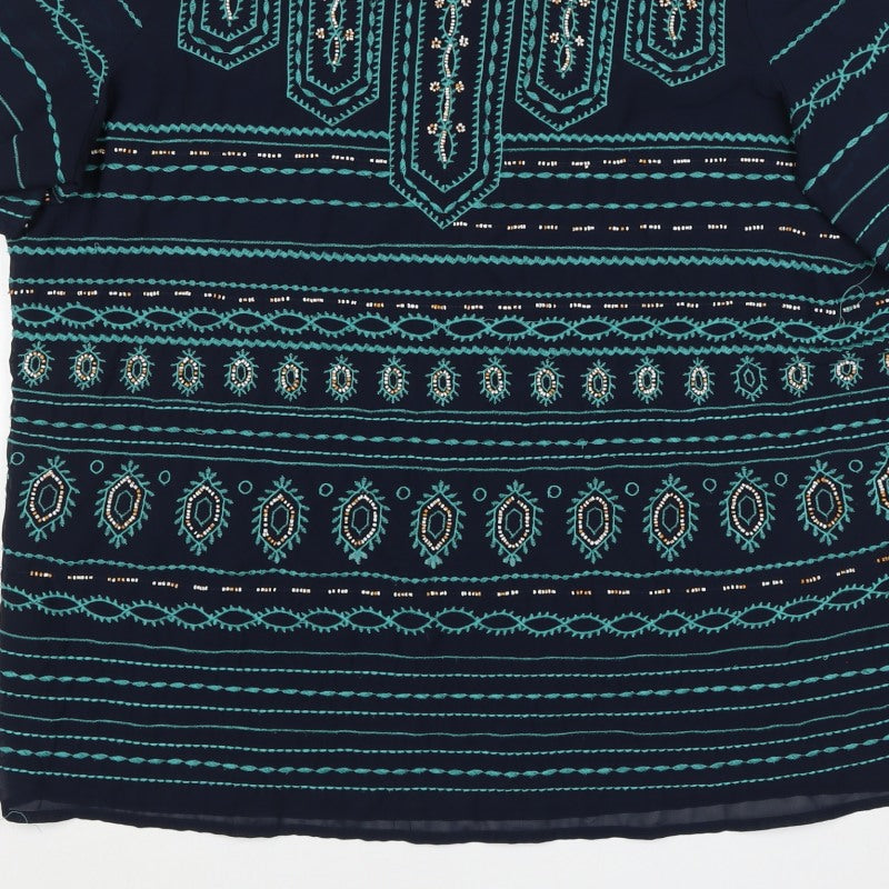 F&F Women’s Blue Size 12 Boho Aztec Beaded Embroidered Tunic Blouse
