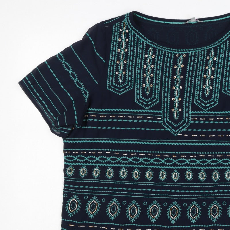 F&F Women’s Blue Size 12 Boho Aztec Beaded Embroidered Tunic Blouse