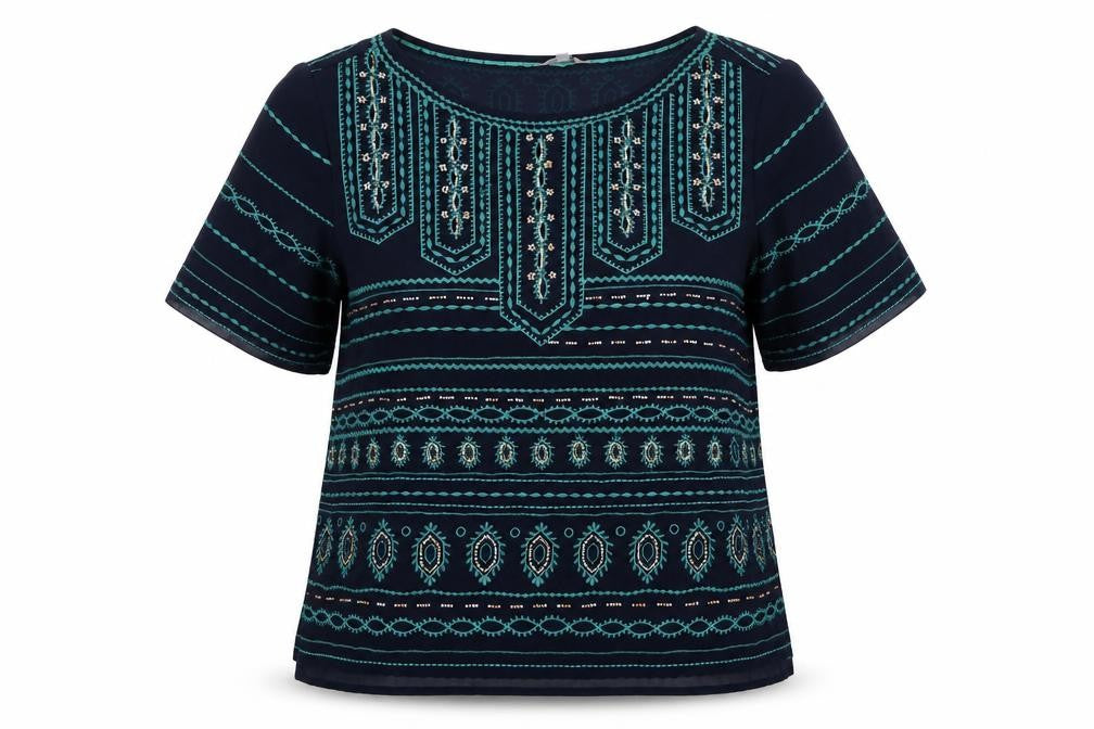 F&F Women’s Blue Size 12 Boho Aztec Beaded Embroidered Tunic Blouse