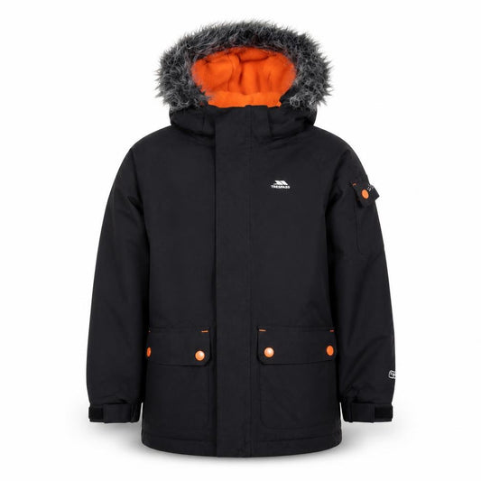 Trespass Boys Black Orange Fur Hood Winter Parka Coat Age 5-6 Waterproof